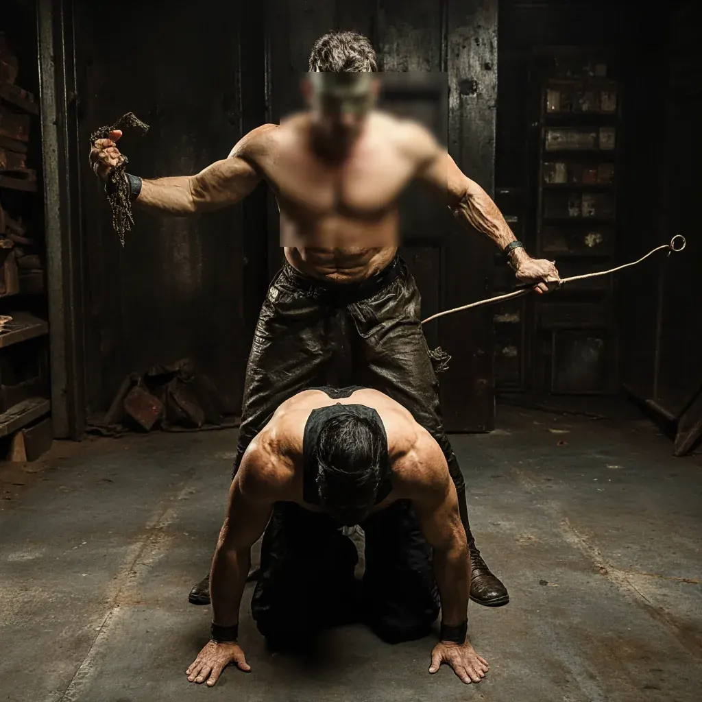Two men in leather pants pose in a dark workshop with rope-like gear for a Canadian fetish dating guide Two men in leather pants pose in a dark workshop with rope-like gear for a Canadian fetish dating guide